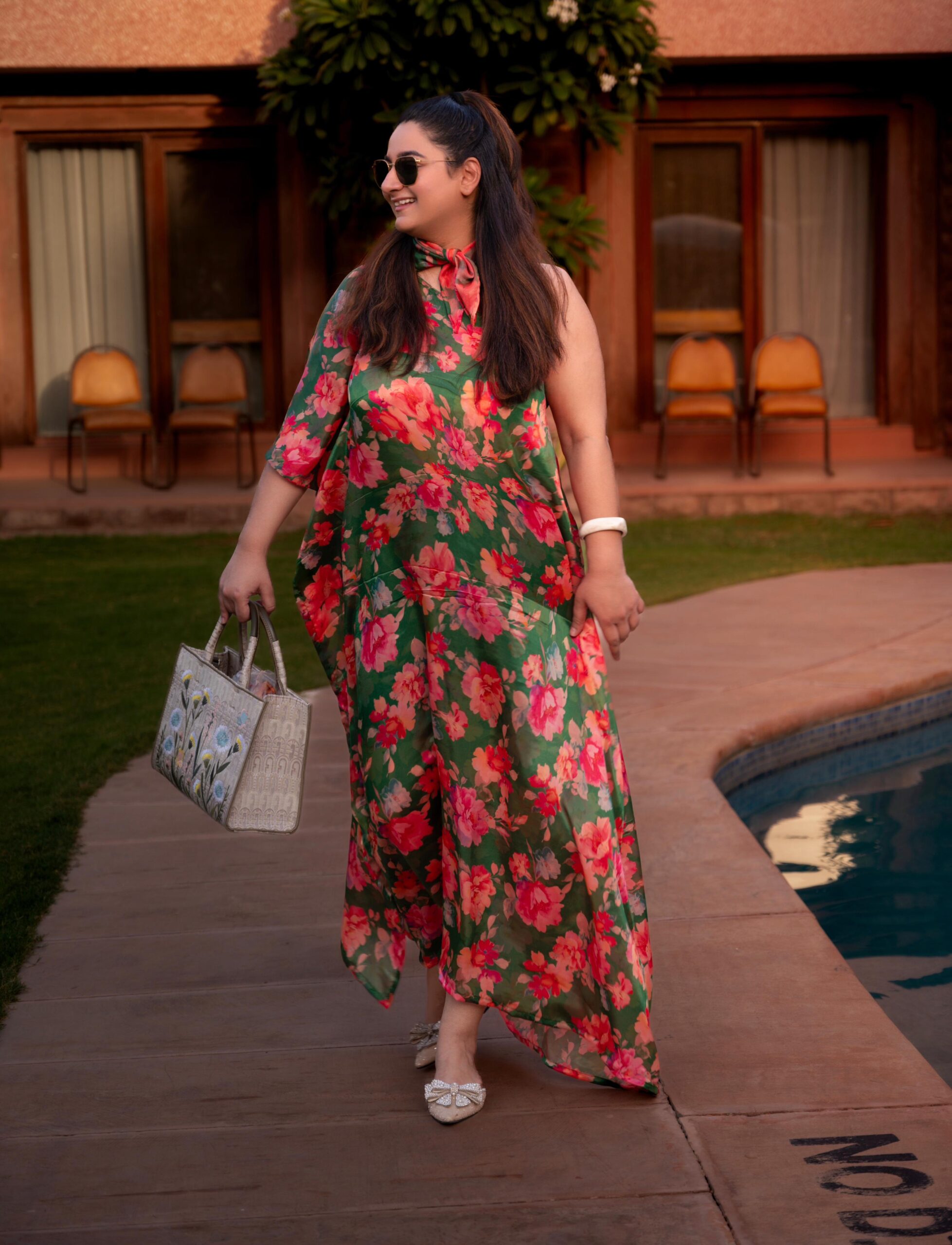 Green floral one shoulder kaftan dress